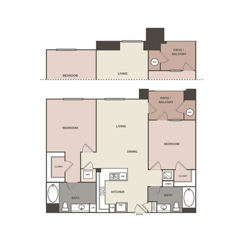 A floor plan of a house with two bedrooms, a living room, a dining room, a kitchen, a bathroom, a patio, a balcony, a closet, a laundry area, and an entry.